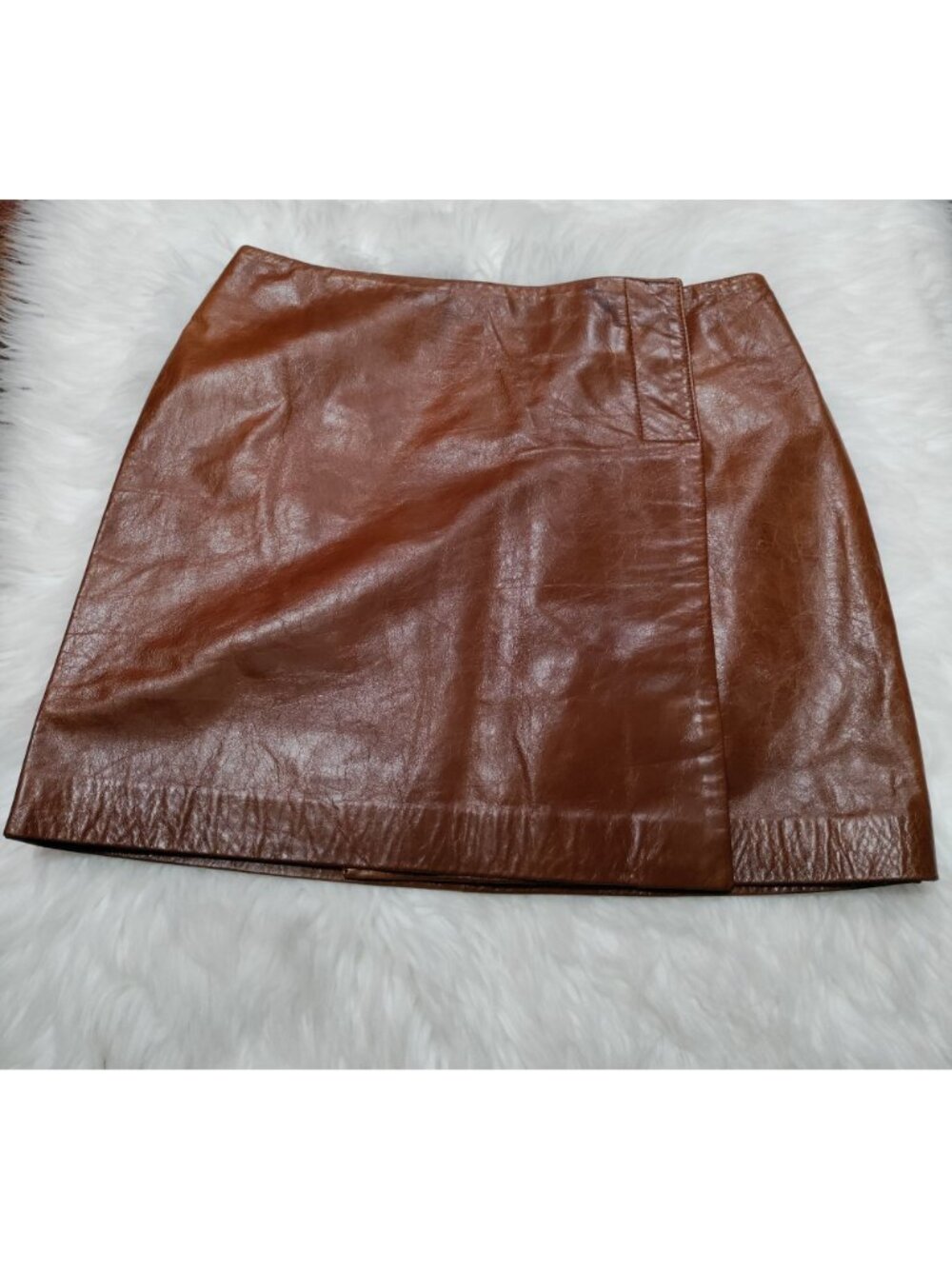Hugo Buscati 100% Leather Antique 70s Style Brown A-Line Wrap Mini Skirt Size 6 - Picture 4 of 16